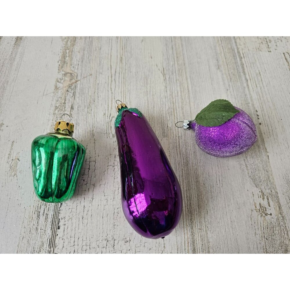 Vintage plum glass eggplant‎ pepper ornament set vegetable fruit food Xmas tree